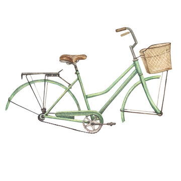 Watercolor hand-drawn green and brown retro bicycle without wheels isolated on white background. Sport vintage equipment for summer walking in park. Clipart for card. Element for wallpaper wrapping