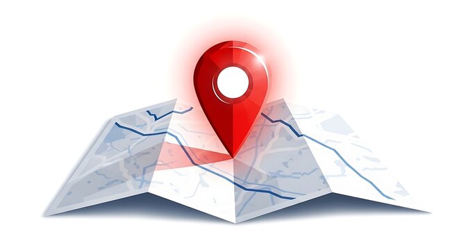 A red location pin on a crumpled map
