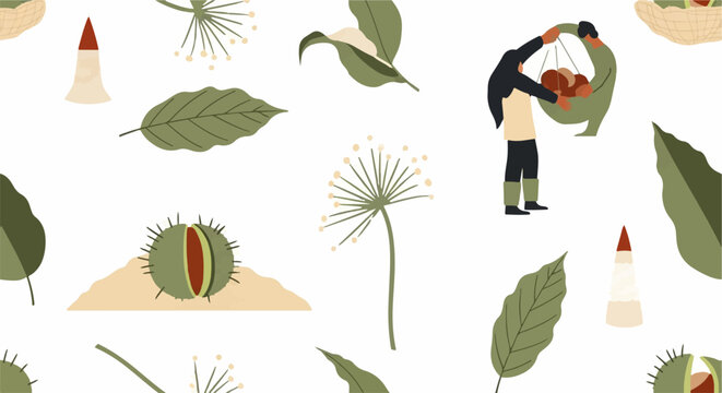 Illustrated tropical plants and chestnut with person stretching.