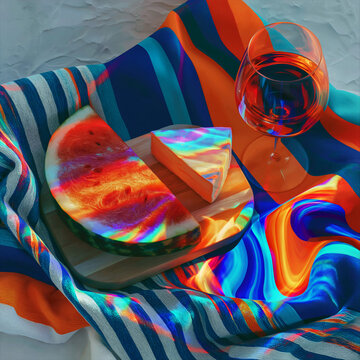Colorful Still Life with Wine Glass, Cheese and Watermelon