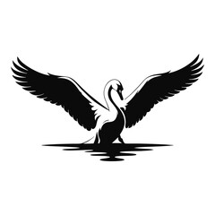 Fototapeta premium Majestic swan spreading wings on water silhouette vector design