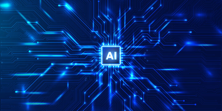Central computer processor chip surrounded by glowing blue circuits on a dark background.	