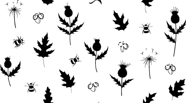 Black and white thistle and bee illustrations.