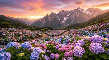 Fototapeta premium Endless blooming hydrangea flowers stretching across the foothills of a towering mountain at sunset.