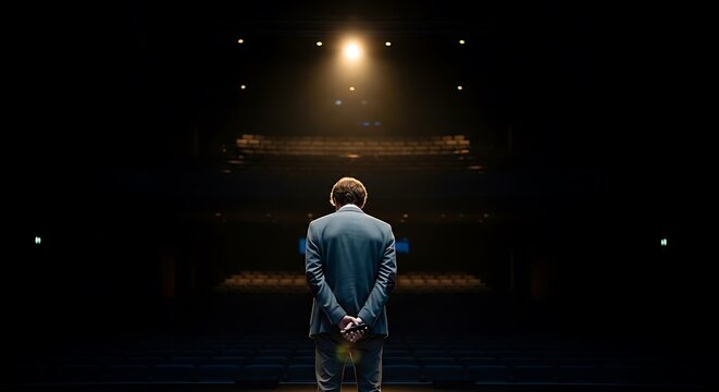 Businessman stands with his back to the camera on a dark stage, illuminated by a single spotlight from above.
