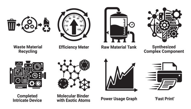 Recycling meter tank component molecular binder power graph printer icons for industry set.