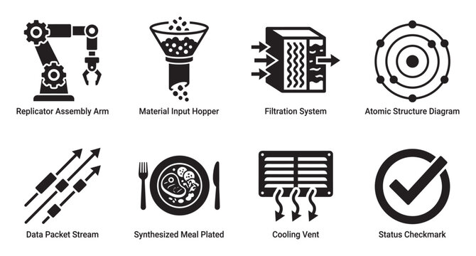 Replicator arm material hopper filtration system atomic structure data stream.