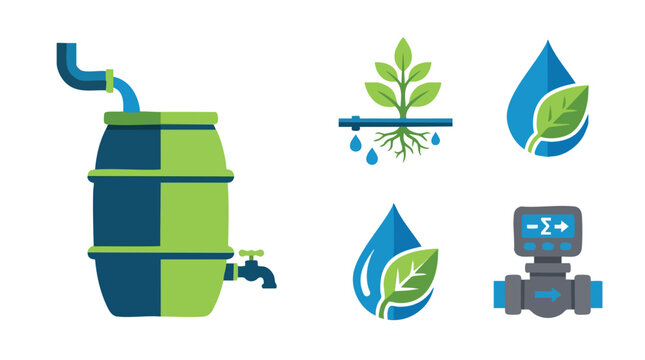 Water Conservation and Irrigation System Icons Set.