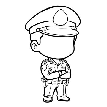 Chibi Faceless Indonesian Female Police Officer Polwan Coloring Page Outline