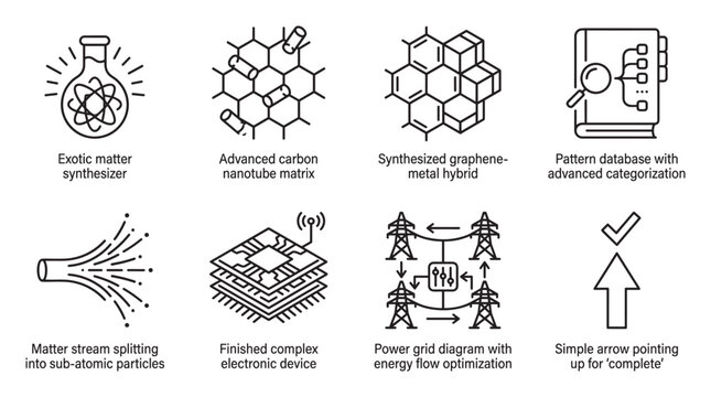 Science tech icons synthesizer carbon nanotube graphene electronic device grid.