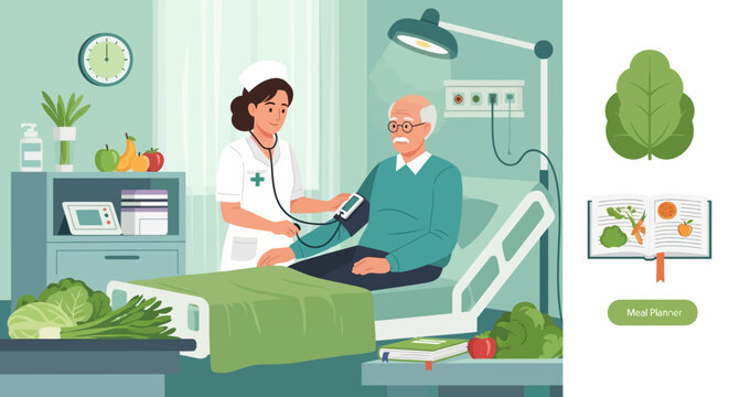 Nurse checking elderly mans blood pressure in hospital room with healthy food.