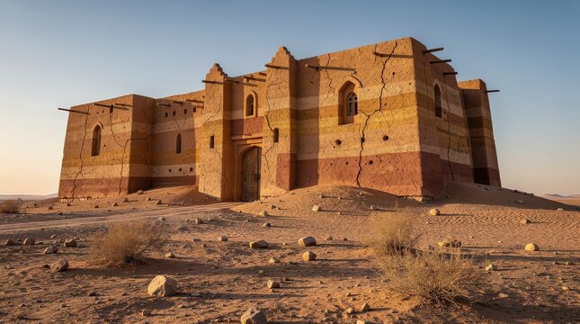 An ancient, weathered mudbrick fortress stands resilient in a barren desert landscape under a clear sky at sunset.