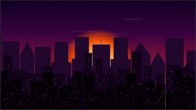 Minimalist City Skyline at Sunset with Glowing Lights
