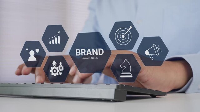 Brand awareness strategy concept, Business professional analytics brand awareness dashboard, Digital marketing technology interface, Marketing target, customer loyalty optimization and trust branding