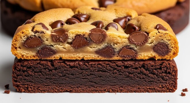 A close-up view of a freshly sliced brookie revealing rich dark chocolate brownie layers topped with a golden chocolate chip cookie crust, brookie, chocolate chip, dessert