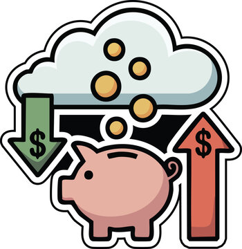 Piggy Bank Savings Showing Cloud Storage with Money Decrease and Increase