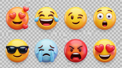Fototapeta premium Set of colorful emoticon faces with various expressions on transparent background