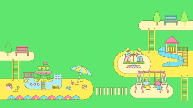 Children's playground with colorful slide, swings, carousel, and sandpit elements in a cheerful flat design style on green background.