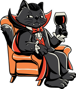 a black cat vampire drinking wine, halloween tattoo design, hand drawn hallooween sticker