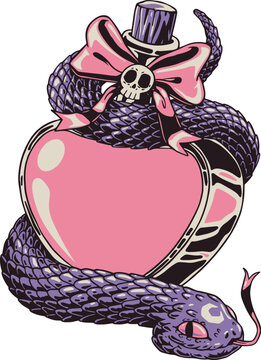 love poison tattoo design, a snake wrapped around a pink love bottle hand drawn  illustration
