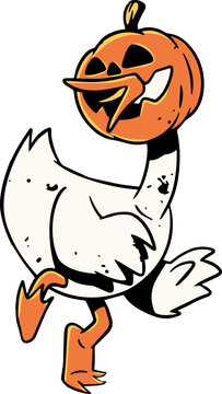 funny goose wear jack o lantern illustration, cute halloween hand drawn sticker