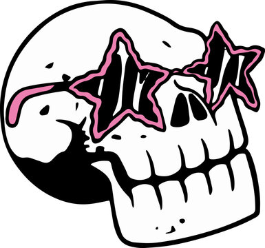 skull with star glasses, scary halloween hand drawn sticker, spooky tattoo design