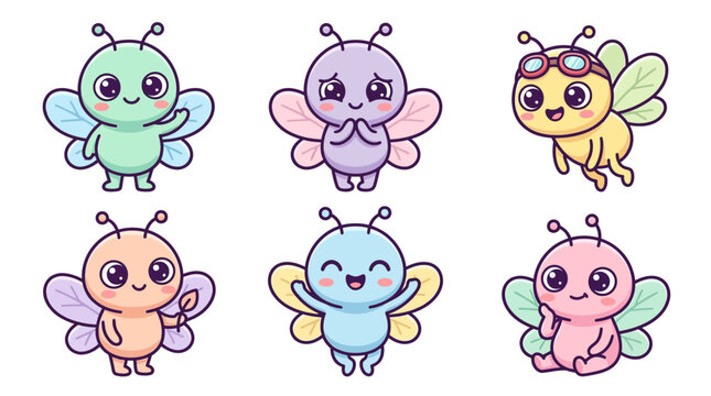 Cute cartoon fairies with colorful wings and big eyes