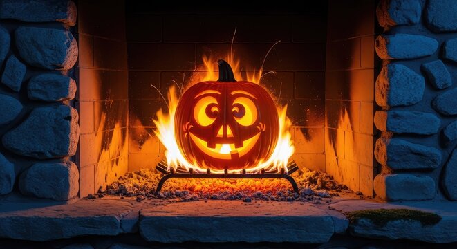 A glowing carved orange pumpkin sits inside a rustic stone fireplace, surrounded by warm embers and flickering golden flames at night, scary, orange, spooky
