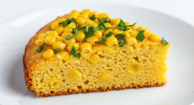 A golden slice of homemade cornbread rests on a white ceramic plate, topped with corn kernels and fresh green herbs in a macro close up view, close-up, kernels, macro
