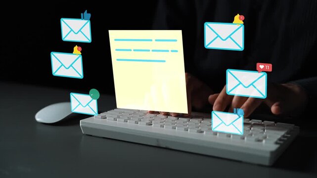 Digital Communication Concept with Email Notifications and Message List Overlaid on Keyboard in Dark Background. Entropy.