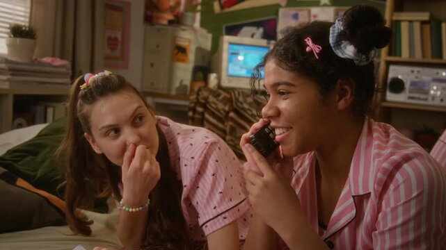 African American teenager talking on retro cordless phone while Caucasian girl friend listening and laughing during sleepover, sharing secrets and gossip. Youth lifestyle, retro telecommunication