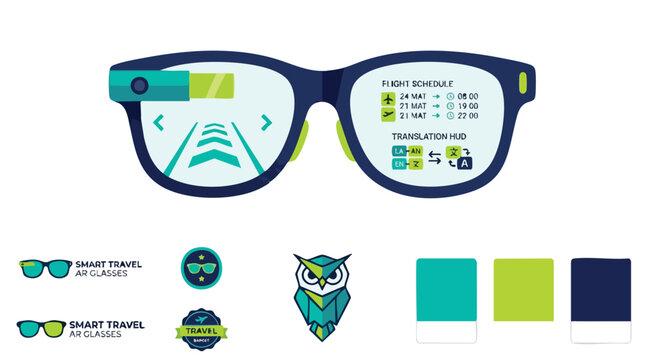 Smart Travel AR Glasses Brand Identity with HUD and Mascot