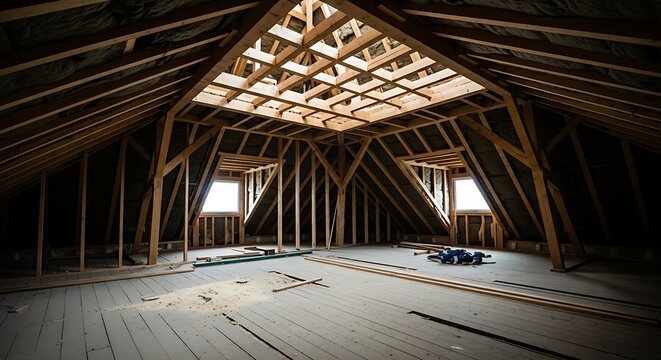 Empty square room with Spacious attic under construction with wooden beams
