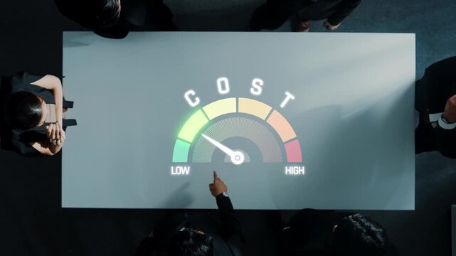 A dynamic business meeting showcases a cost analysis projected on a conference table while participants engage in discussions about financial strategies and decision-making. Raster