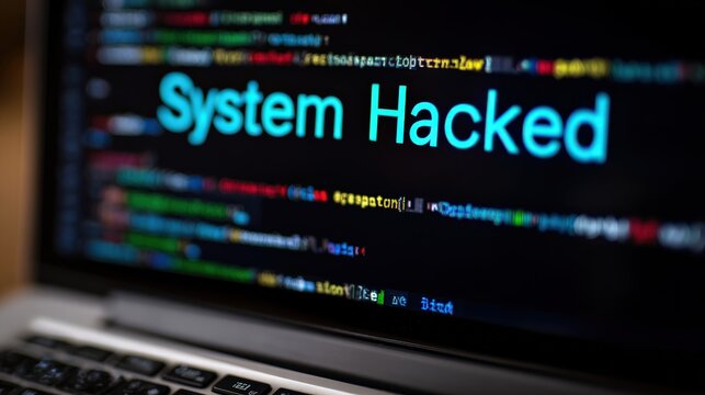 A laptop screen displays colorful programming code with the prominent message "System Hacked" in bright blue text.