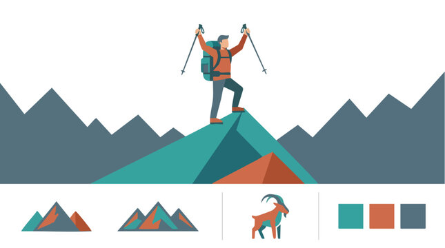 Hiker on Mountain Peak Branding Board and Vector Elements