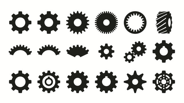 Gear setting vector icon set. Isolated black gears mechanism and cog wheel on white background. Progress or construction concept. Cogwheel icons UI vector.