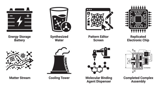 Black and white icons for energy battery, water glass, pattern editor, and electronic chip.