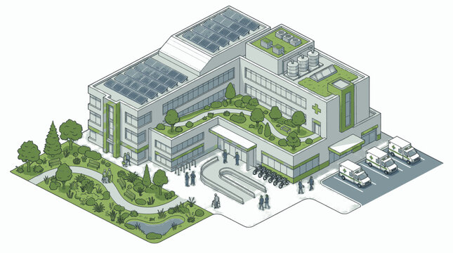 Modern hospital building with sustainable green roof and solar panels, surrounded by lush landscaping.