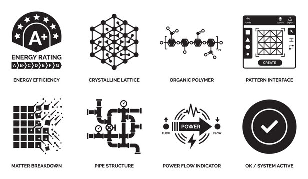 Energy efficiency and science icons with labels for materials and processes.