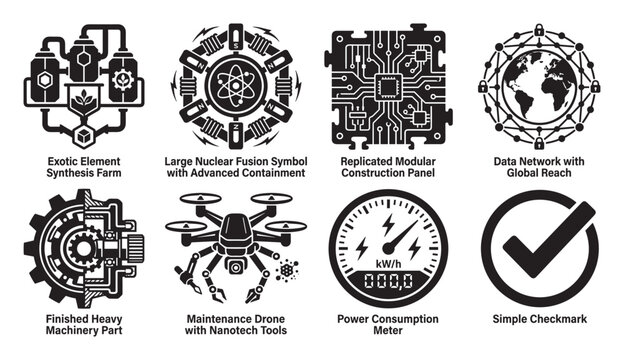 High tech industrial machinery and digital network system icons for complex development.
