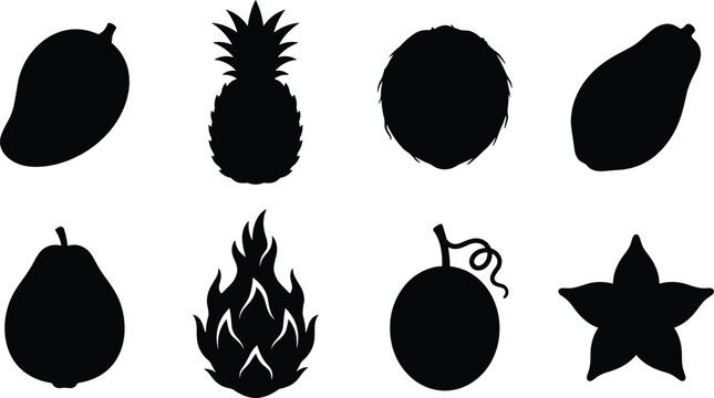 Tropical fruits vector silhouette set featuring mango pineapple dragon fruit papaya and carambola star shape