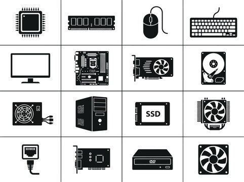 Set of Computer Hardware Component Icons Including CPU Motherboard GPU RAM and Peripherals