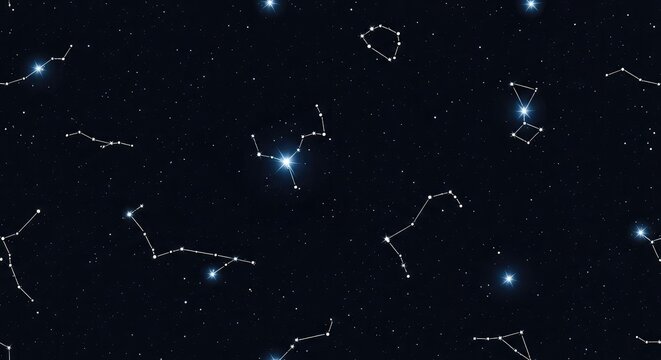 A seamless dark night sky pattern featuring glowing distant stars, sparkling constellations, and soft cosmic dust for a repeating backdrop, cosmic, mystic, luminous
