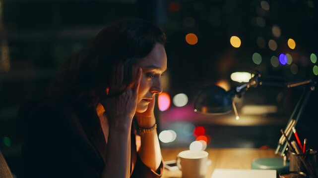 Businesswoman tired late work typing laptop alone at evening office desk closeup