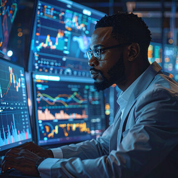 Professional man in suit looking at trading stock market data on screens