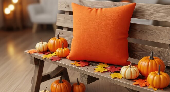 A vibrant orange square pillow rests on a rustic wooden bench, surrounded by small decorative pumpkins and autumn leaves in a cozy setting, square, furniture, leaves