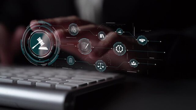 Futuristic digital law interface displaying justice scale, highlighting digital law, AI compliance, digital law systems, and digital law regulations for secure governance. Muxer