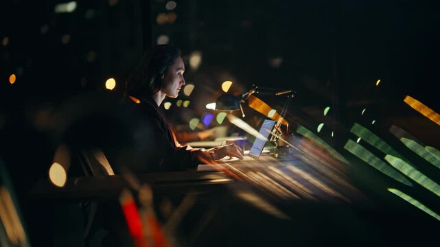 Late manager developing project in dark apartment closeup. Lady reviewing notes