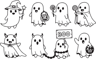 Obraz premium Set of cute ghost. Collection of sweet flying spirit with pumpkin bucket, candys, devil horns, witch hat,. Halloween symbol. Boo. Cartoon spooky baby character. Vector illustration for greeting card.